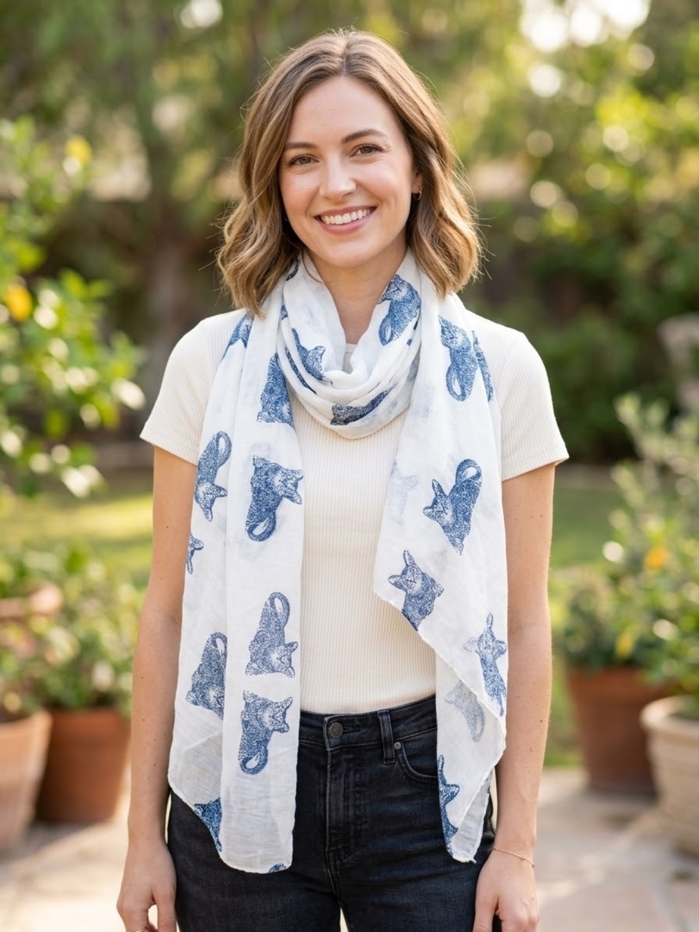 Lightweight White Scarf with Blue Cat Print - Women's Accessory